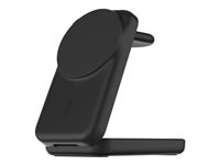 Belkin UltraCharge - Trådlöst laddställ - 3-i-1, magnetisk, vikbar, med Qi2 + växelströmsadapter - 25 Watt - Ultra Fast Charge - MFI-certifierad - svart WIZ036KQBK