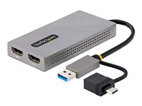Startech USB to Dual HDMI Adapter, USB A/C to 2x HDMI Monitors (1x 4K 30Hz, 1x 1080p), Integrated USB-A to C Dongle, 4in/11cm Cable, Windows & macOS - USB 3.0 to HDMI Multi-Monitor Display Adapter for Laptop (107B-USB-HDMI) - Videokort - USB typ A, USB-C hane till 2 x 19 pin HDMI Type A hona - grå - stöd för 4K 107B-USB-HDMI