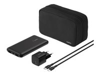 Belkin BoostCharge - Power bank + växelströmsadapter - 10000 mAh - PD - 3 utdatakontakter (USB-C, 2 x USB) - på kabel: USB-C - Europa - med fickfodral med dragkedja BU041KQBK