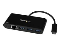 Startech 3-ports USB-C-hubb med Gigabit Ethernet och 60 W strömförsörjning Pass-through laddning av bärbar dator - USB-C till 3x USB-A (USB 3.0 SuperSpeed 5 Gbps) - USB 3.1/3.2 Gen 1 Type-C adapterhubb - Hubb - 3 x SuperSpeed USB 3.0 + 1 x 10/100/1000 - skrivbordsmodell HB30C3AGEPD