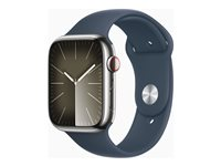 Apple Watch Series 9 (GPS + Cellular) - 45 mm - hopea ruostumaton teräs - älykello kanssa urheiluranneke - fluoroelastomeeri - myrskynsininen pannan koko: S/M - 64 Gt - Wi-Fi, Bluetooth, UWB, LTE - 4G - 51.5 g MRMN3KS/A