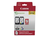 Canon PG-575/CL-576 Photo Paper Value Pack - 2 pakettia - musta, väri (sinivihreä, sinipunainen, keltainen) - alkuperäinen - ripustuslaatikko - mustekasetti/paperipaketti malleihin PIXMA TR4750i, TR4751i, TS3550i, TS3551i 5438C004