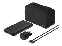 Belkin BoostCharge - Power bank + växelströmsadapter - 20000 mAh - PD - 3 utdatakontakter (USB-C, 2 x USB) - på kabel: USB-C - Europa - med fickfodral med dragkedja BU042KQBK