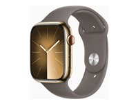 Apple Watch Series 9 (GPS + Cellular) - 45 mm - kulta ruostumaton teräs - älykello kanssa urheiluranneke - fluoroelastomeeri - savi pannan koko: S/M - 64 Gt - Wi-Fi, Bluetooth, UWB, LTE - 4G - 51.5 g MRMR3KS/A