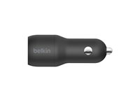 Belkin BoostCharge Dual Charger - Auton virtasovitin - 24 watti(a) - 4.8 A - 2 lähtöliittimet (USB) - johdossa: USB-C - musta CCE001BT1MBK