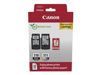 Canon PG-510/CL-511 Photo Paper Value Pack - 2 pakettia - musta, väri (sinivihreä, sinipunainen, keltainen) - alkuperäinen - ripustuslaatikko - mustekasetti/paperipaketti malleihin PIXMA iP2700, MP230, MP252, MP272, MP280, MP282, MP492, MP495, MP499, MX360, MX410, MX420 2970B017