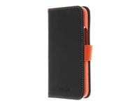 Insmat Exclusive Flip Case - Läppäkansi matkapuhelimelle - aito nahka, polykarbonaatti, puuvillaompeleet, pahvi + paperi - musta ja oranssi malleihin Apple iPhone 14 Plus 650-3107