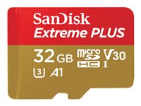 SanDisk Extreme PLUS - Flash-muistikortti (sovitin microSDHC:stä SD:hen sisältyvä) - 32 Gt - A1 / Video Class V30 / UHS-I U3 - microSDHC UHS-I SDSQXBG-032G-GN6MA